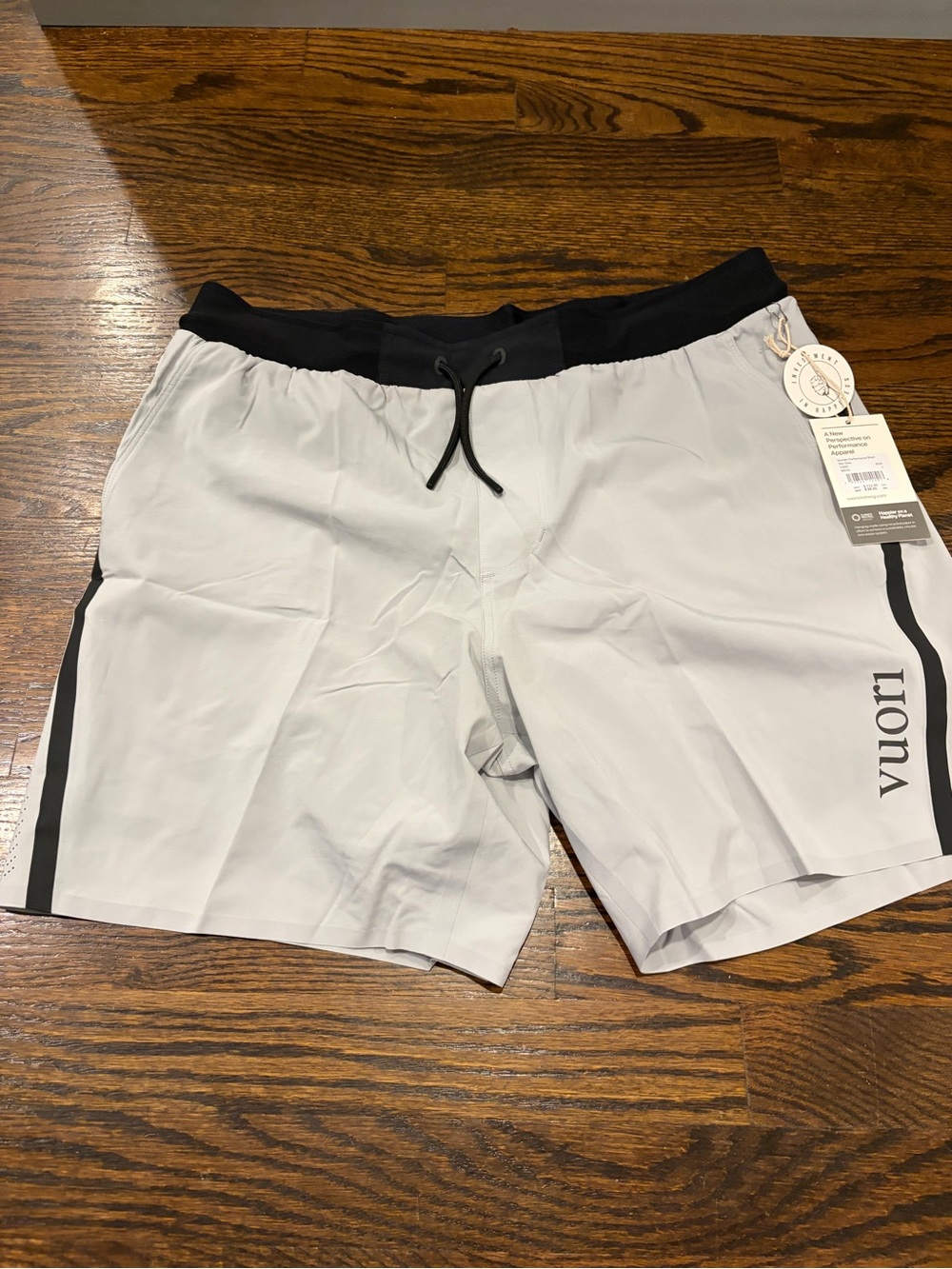 Vuori Sky Grey Performance Shorts with Black Accent